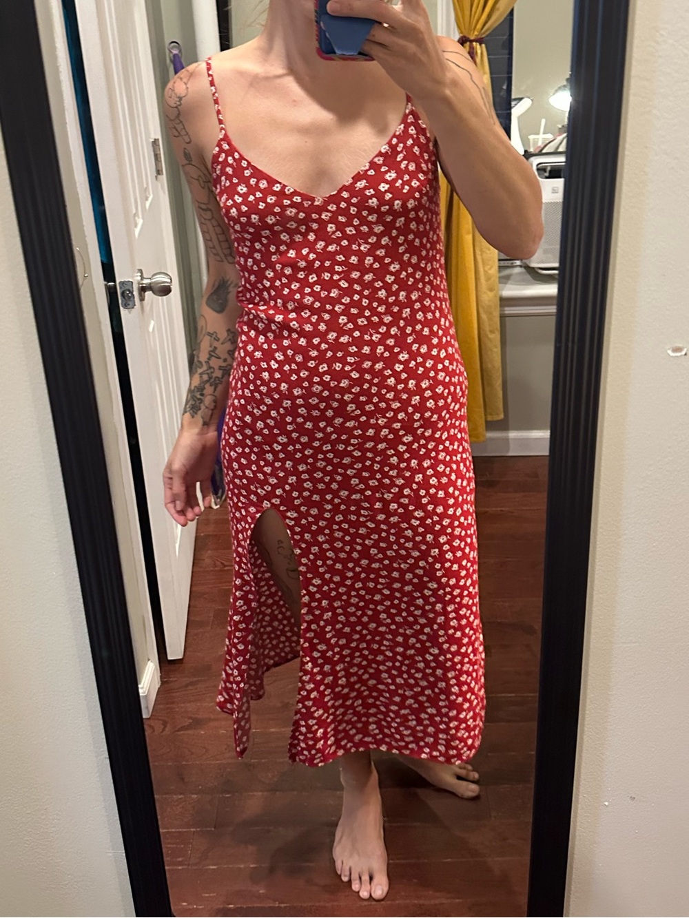 Reformation Red Floral Slip Midi Dress with Side Slit